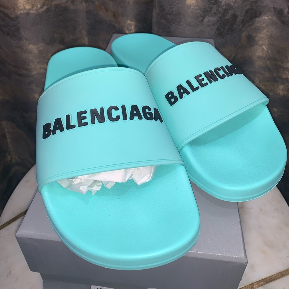 Balenciaga Aqua Blue Slide Sandals